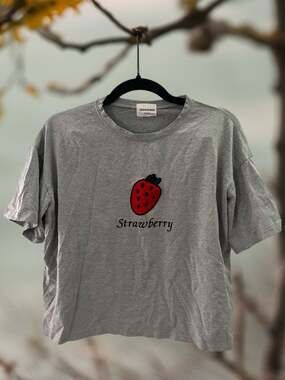 JANWIENER Heather Grey Strawberry Graphic Oversized Crop T-Shirt